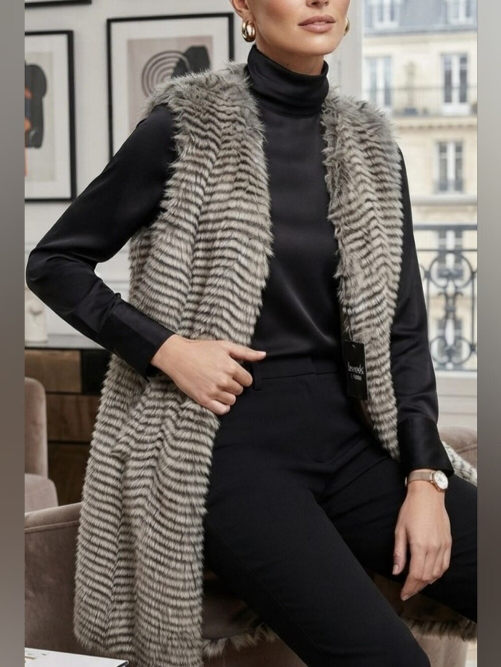 Berek Striped Faux Fur Vest in Grey and Black Size "L" New